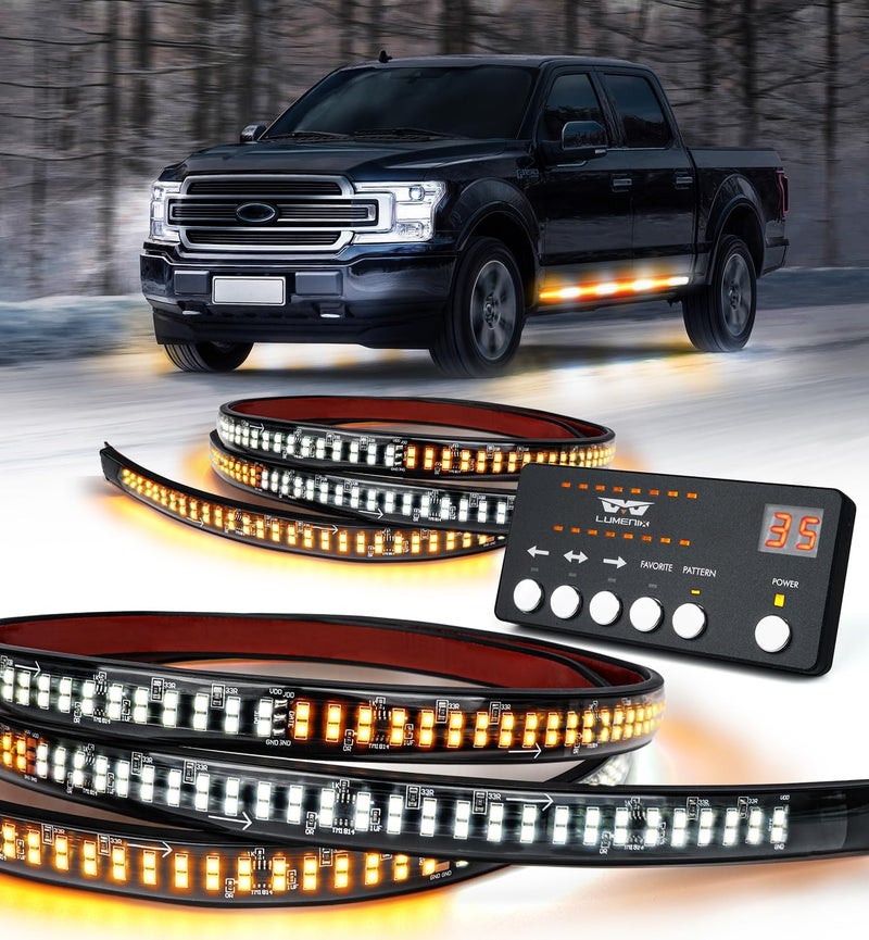 LUMENIX 2PCS 70 Inch Emergency Strobe Lights Strip LED Running Board Flexible Lights Bar Flashing Warning Hazard Safety Side Light for Construction Vehicles Tow Work Trucks Pickups - White Amber - Image 1